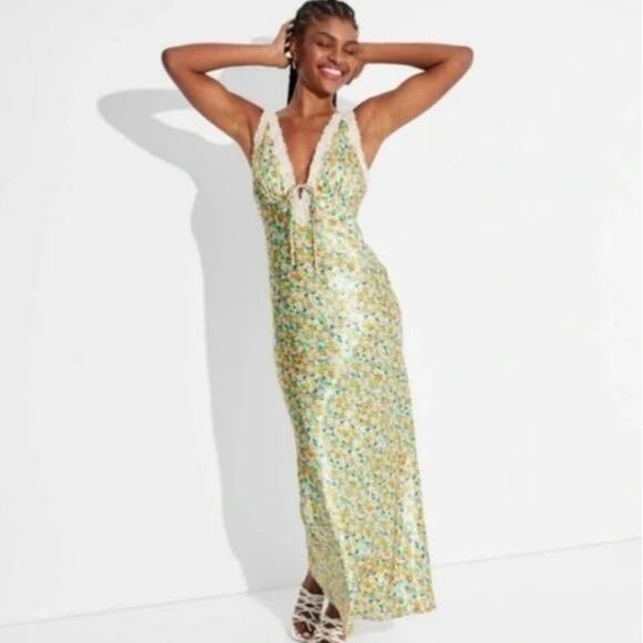 Wild Fable Green Satin Floral Plunge Midi Slip Dress Lace Trim Boho Y2K Size XL - Picture 14 of 14